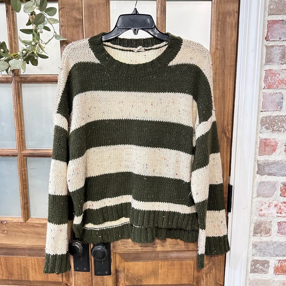 Hem & Thread Sweater Womens Green Cream Striped Confetti Knit Cottagecore M/L
